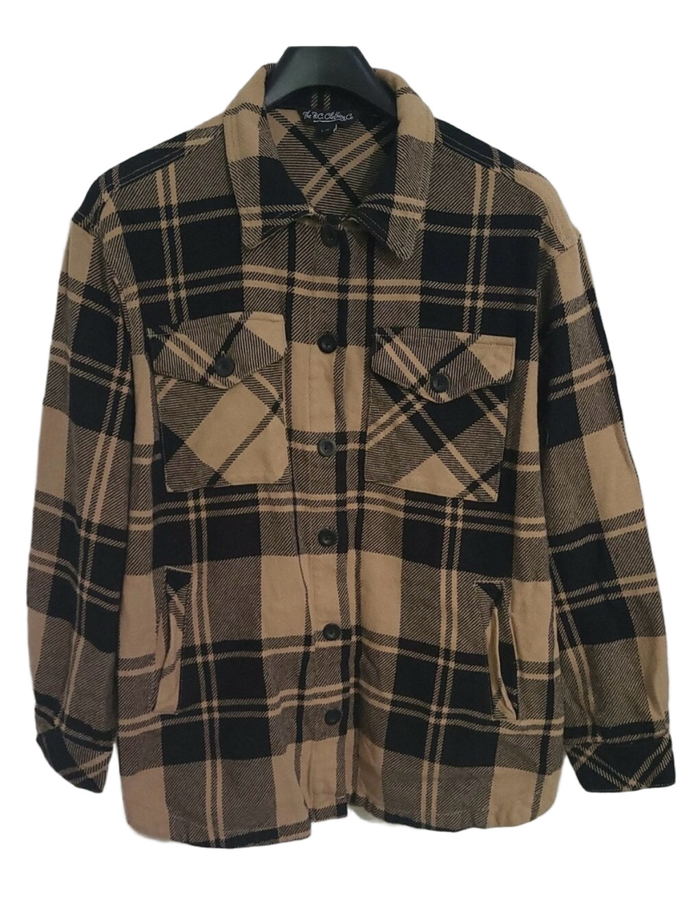 The B.C. Clothing Co. Heavy Shirt Jacket large Tan Black Plaid Cotton Shacket